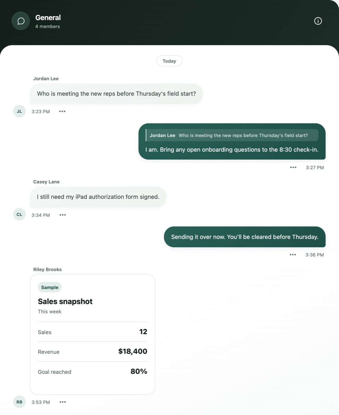 Relay General group: a manager confirms who will meet new reps before Thursday's field start, a rep asks for a form to be signed, and a sample sales snapshot card is shared.